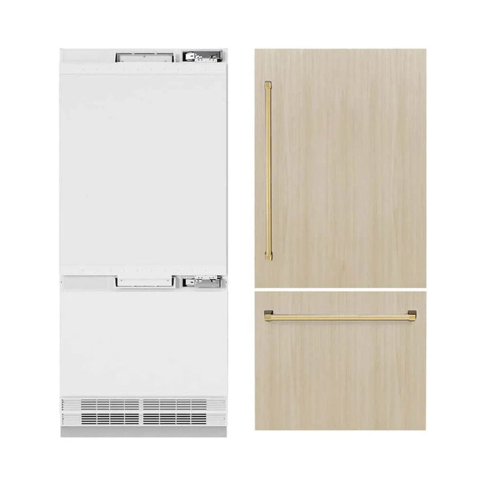 ZLINE 36" Panel Ready Built-In Bottom Freezer Refrigerator,Water Dispenser, Ice Maker, Polished Gold RBITZ-36-G