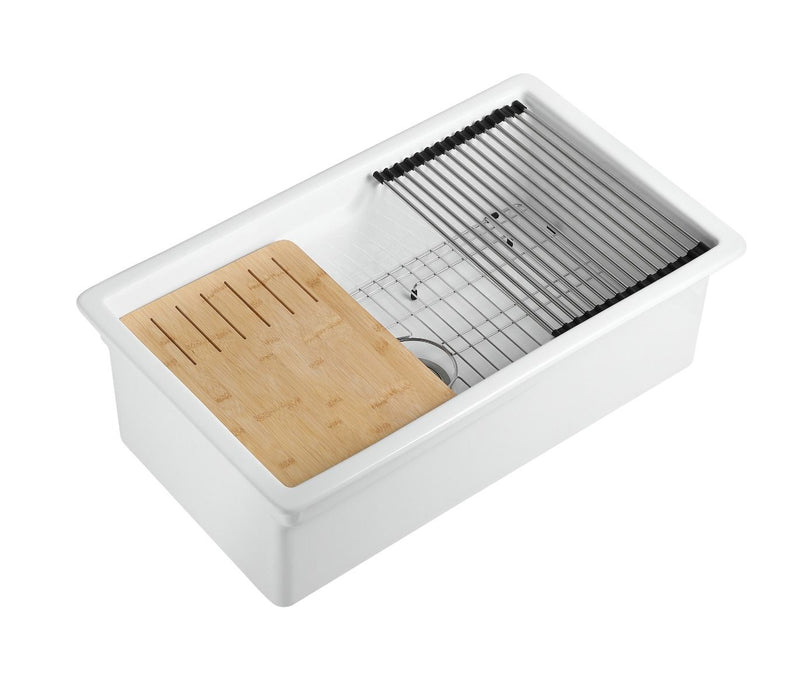 ALFI brand White 32" Workstation Step Rim Single Bowl Fireclay Undermount / Drop In Kitchen Sink ABFS3219SUD-W