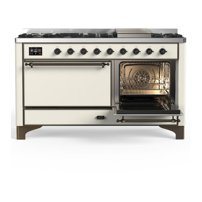 ILVE Majestic III 60" Dual Fuel Range, Antique White, Burnished Trim UM60FQNR3AWB