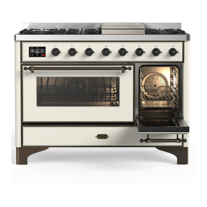 ILVE Majestic III 48" Dual Fuel, Range, Antique White, Burnished Trim UM48FNR3AWB