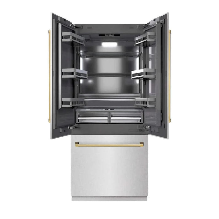 ZLINE 36" Built-In Bottom Freezer Refrigerator with Water Dispenser, Ice Maker, DuraSnow® Stainless Steel, Graphite Gray Interior, Polished Gold GRBIVZ-SN-36-G