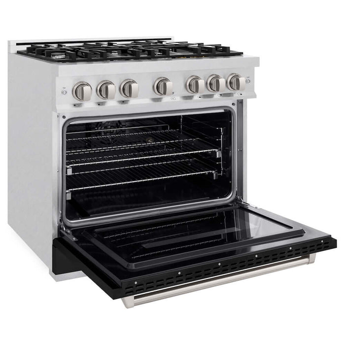 ZLINE 36" Dual Fuel Range, Gas Cooktop, Electric Convection Oven DuraSnow®Stainless Steel, Black Matte Door CDRS-BLM-36