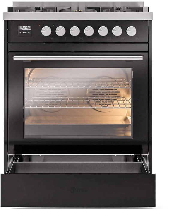 ILVE 30"Professional Plus Liquid Propane Dual Fuel Range, Glossy Black UP30WMPBKLP