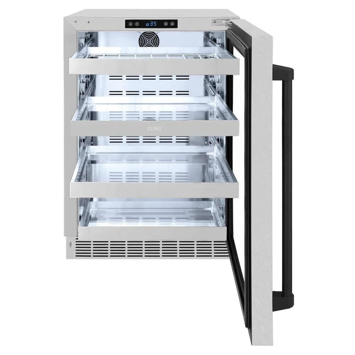 ZLINE 24" Touchstone 151 Can Beverage Fridge DuraSnow® Stainless Steel Glass Door Matte Black Handle RBSOZ-SN-24-MB