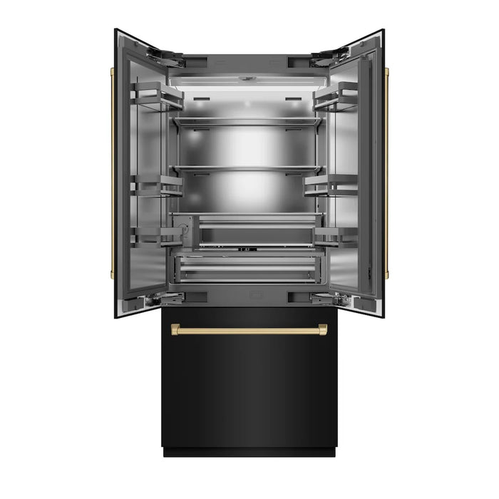 ZLINE 36" French Door Built-In Bottom Freezer Refrigerator, Water Dispenser, Ice Maker, Black Stainless Steel, Accents SRBIVZ-BS-36-CB