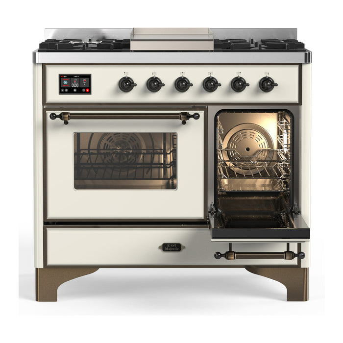 ILVE Majestic III 40" Dual Fuel, Range, Antique White, Burnished Trim UMD40FNR3AWB