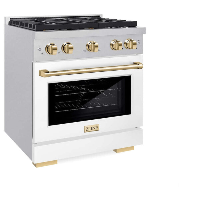 ZLINE 30"Gas Range, Convection Gas Oven, DuraSnow® White Matte, Gold SGRSZ-WM-30-G