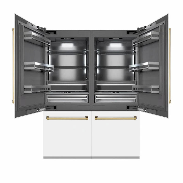 ZLINE 60" Built-In Bottom Freezer Refrigerator with Water Dispenser, Ice Maker, White Matte, Graphite Gray Interior, Polished Gold GRBIVZ-WM-60-G