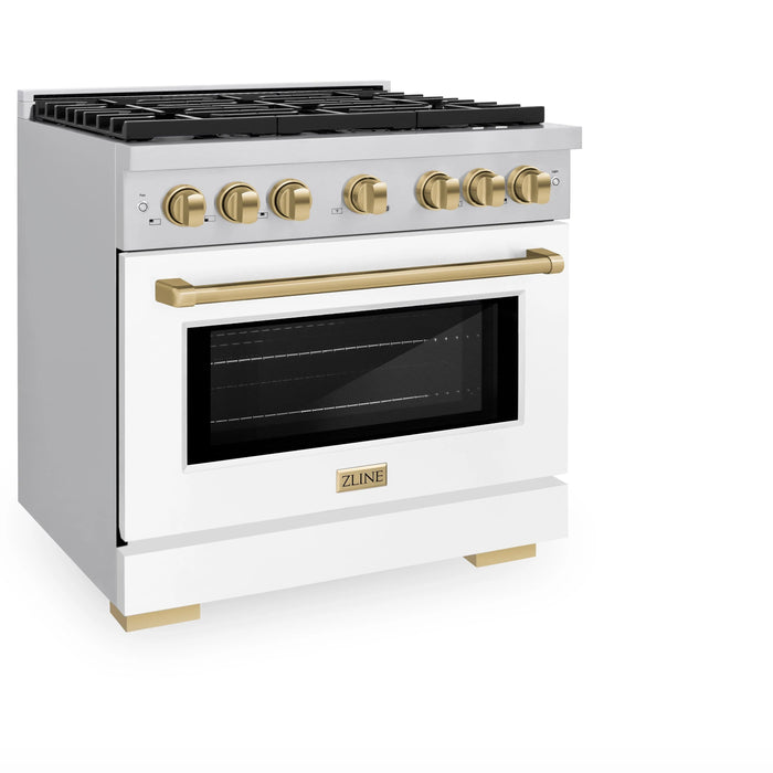 ZLINE 36"Paramount Dual Fuel Range White Matte Champagne Bronze SDRZ-WM-36-CB