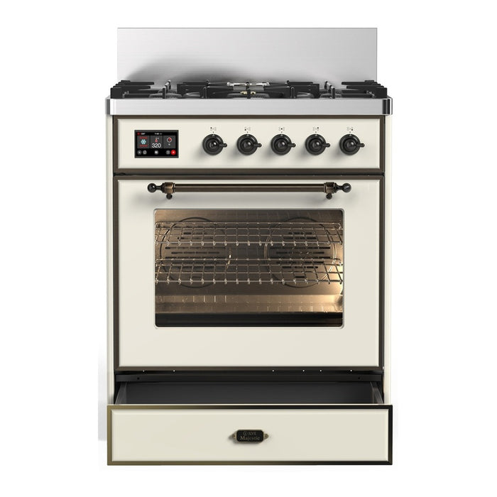 ILVE Majestic III 30" Dual Fuel Range Antique White, Burnished Trim UM30NR3AWB
