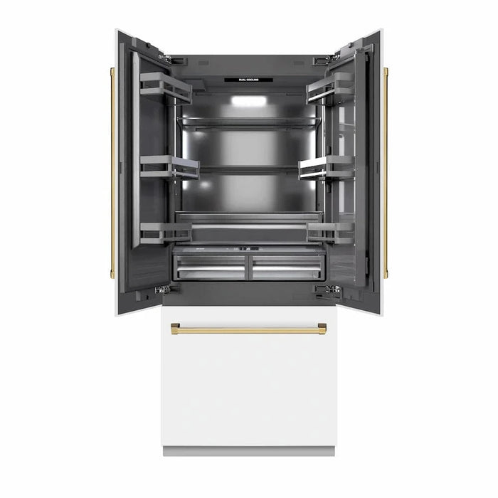 ZLINE 36" Built-In Bottom Freezer Refrigerator with Water Dispenser, Ice Maker, White Matte, Graphite Gray Interior, Polsihed Gold GRBIVZ-WM-36-G