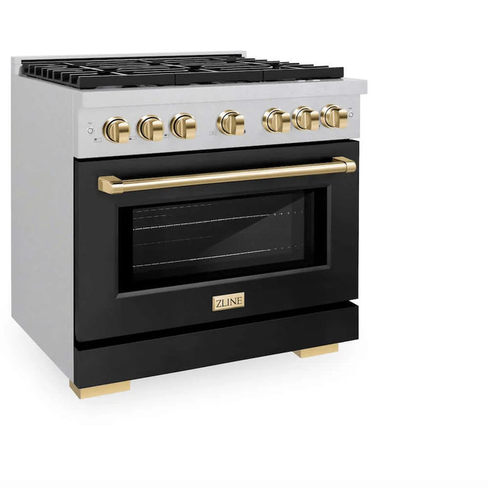 ZLINE 36"Gas Range, Convection Gas Oven, DuraSnow® Black Matte, Gold SGRSZ-BLM-36-G