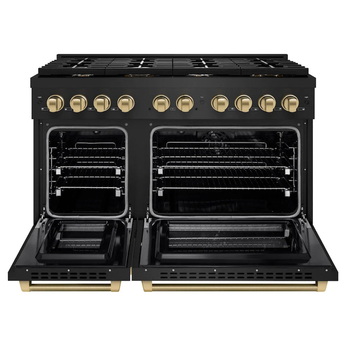ZLINE Autograph Edition 48" Paramount Dual Fuel Range, 6 Burner Gas Cooktop, Electric Convection Oven, Black Stainless Steel, Helix Handle and Knob SDRBZ-48-KCB