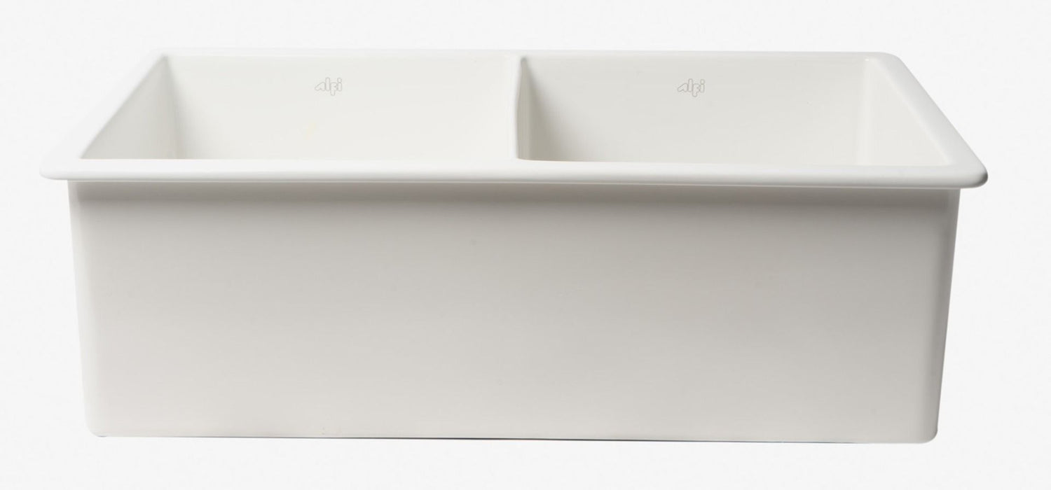 ALFI brand White 32" Double Bowl Fireclay Kitchen Sink ABF3219DUD-W