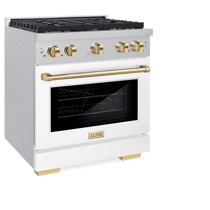 ZLINE 30"Paramount Dual Fuel Range DuraSnow® White Matte, Gold SDRSZ-WM-30-G