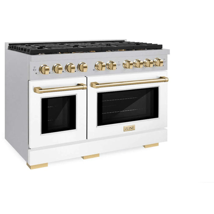 ZLINE 48"Gas Range, Convection Gas Oven, DuraSnow® White Matte, Gold SGRSZ-WM-48-G