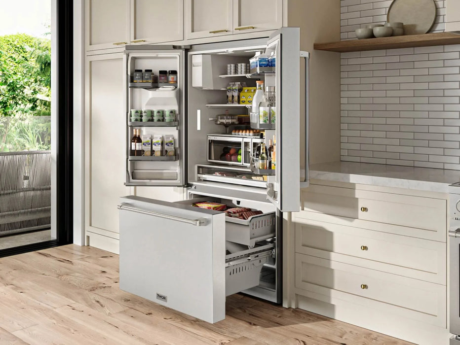 THOR Kitchen 36" French Door Standard Depth Refrigerator, Water Dispenser, Dual Ice Maker - Interior View