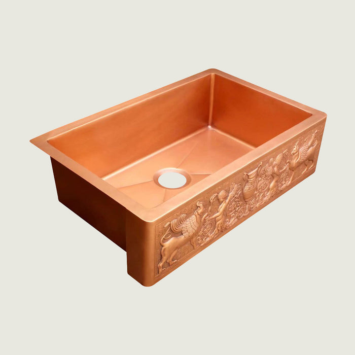 NAUXUS Copper Farmhouse Kitchen Sink, Handmade Hammered Single-Bowl Copper Apron Sink Include Kitchen Basket Stainer , FMHK05-NX