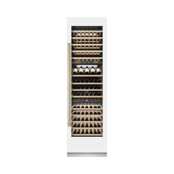 ZLINE 24"Triple Zone 100 Bottle Column Wine Cooler, White Matte Stainless Steel Polished Gold RCWVZ-WM-24-G
