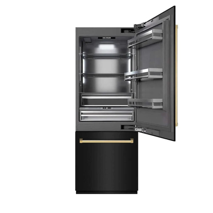 ZLINE 30" Built-In Bottom Freezer Refrigerator with Water Dispenser, Ice Maker, Black Stainless Steel, Graphite Gray Interior, Polished Gold GRBIVZ-BS-30-G
