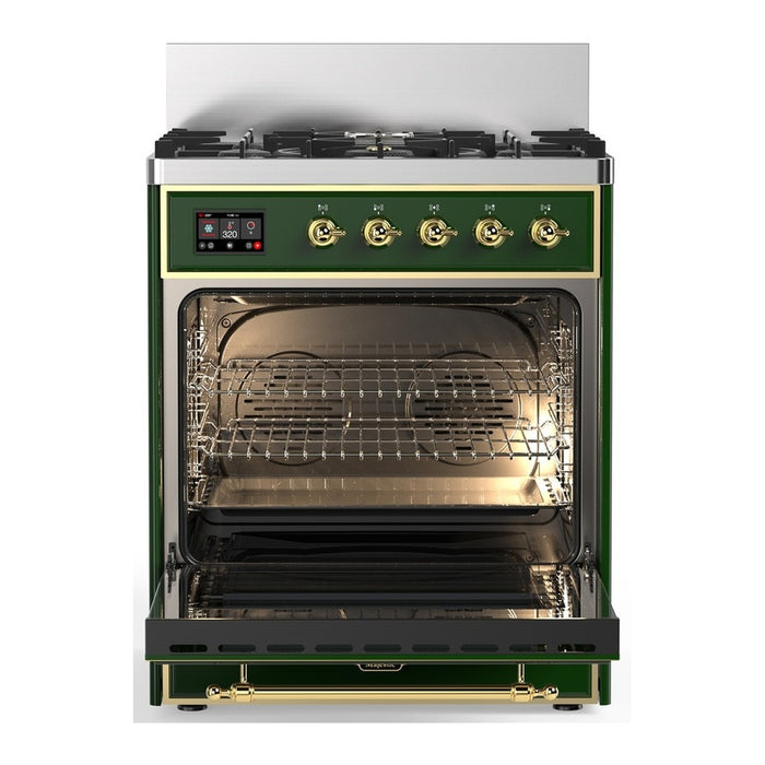 ILVE Majestic III 30" Dual Fuel Range, Emerald Green Brass Trim UM30QNR3EGG