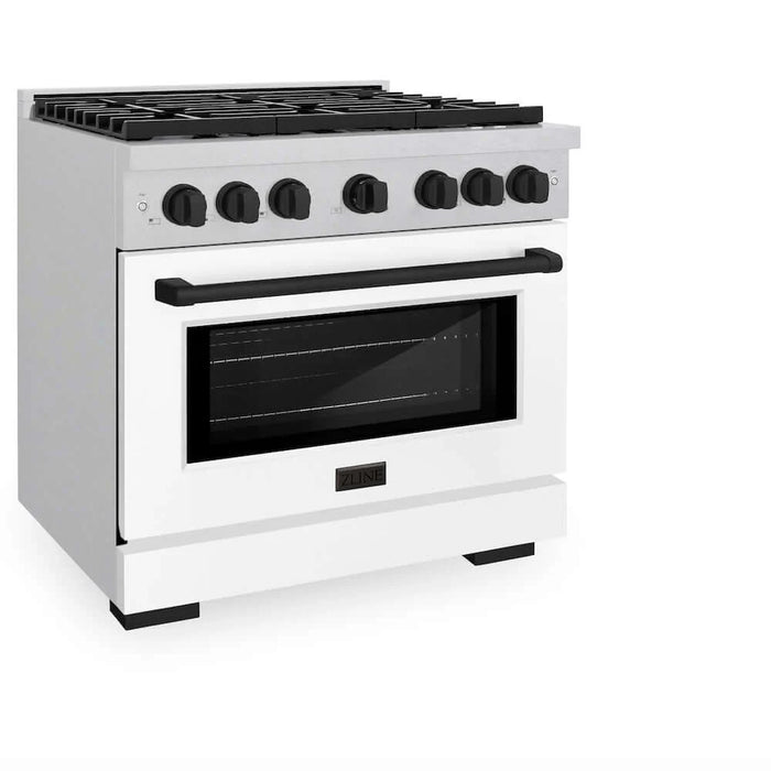 ZLINE 36"Gas Range, Convection Gas Oven, DuraSnow® White Matte, Matte Black SGRSZ-WM-36-MB