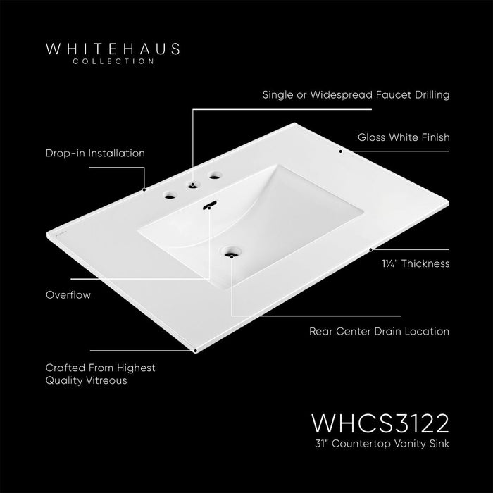 Whitehaus 31" Countertop Vanity Sink, Rect Bowl Single Faucet, Overflow WHCS3122-1H