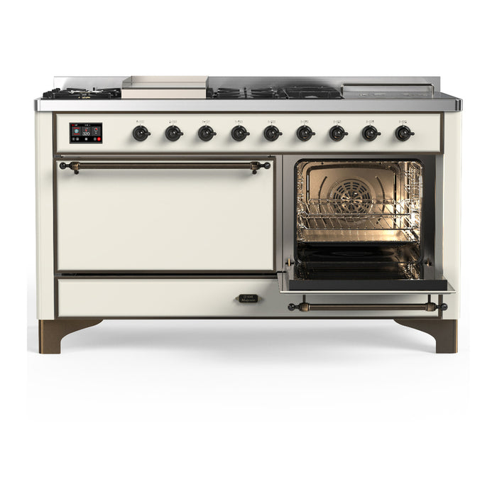 ILVE Majestic III 60" Dual Fuel Range, Antique White, Burnished Trim UM60FSQNR3AWB