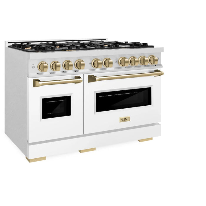 ZLINE 48" Classic Double Oven Dual Fuel Range, 8 Burner Gas Cooktop, Stainless Steel, White Matte Doors, Accents CDRZ-WM-48-CB