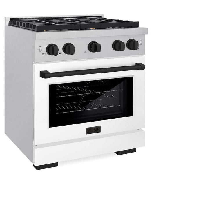 ZLINE 30"Gas Range, Convection Gas Oven, DuraSnow® White Matte, Matte Black SGRSZ-WM-30-MB