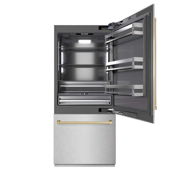 ZLINE 36" Built-In Bottom Freezer Refrigerator,Water Dispenser, Ice Maker, DuraSnow® Stainless Steel Graphite Gray Champagne Bronze GRBITZ-SN-36-CB