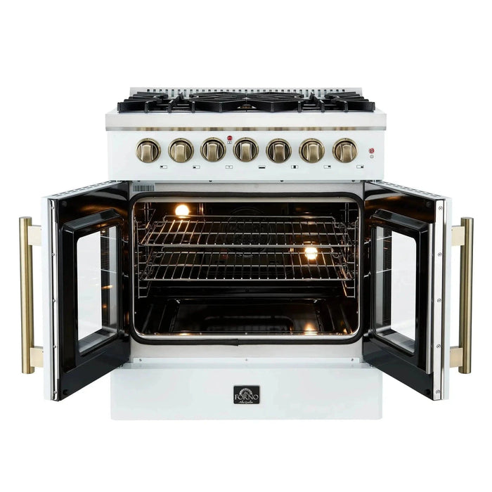 Forno Galiano 30"French Door Dual Fuel Range 5 Gas Burners, Electric Convection Oven White, Antique Brass Trim, FFSGS6356-30WHT
