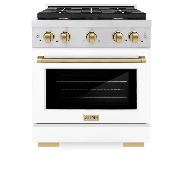 ZLINE 30"Paramount Dual Fuel Range White Matte Champagne Bronze SDRZ-WM-30-CB