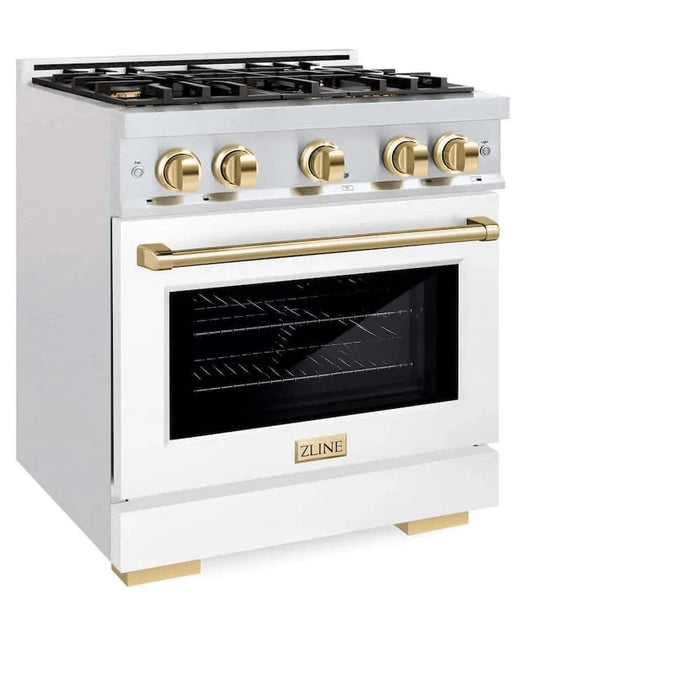 ZLINE 30" Select Dual Fuel Range Gas Cooktop Electric Convection Oven DuraSnow® Stainless Steel White Matte Door Polished Gold HDRSZ-WM-30-G