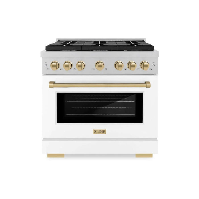 ZLINE 36"Gas Range, Convection Gas Oven, DuraSnow® White Matte, Champagne Bronze SGRSZ-WM-36-CB