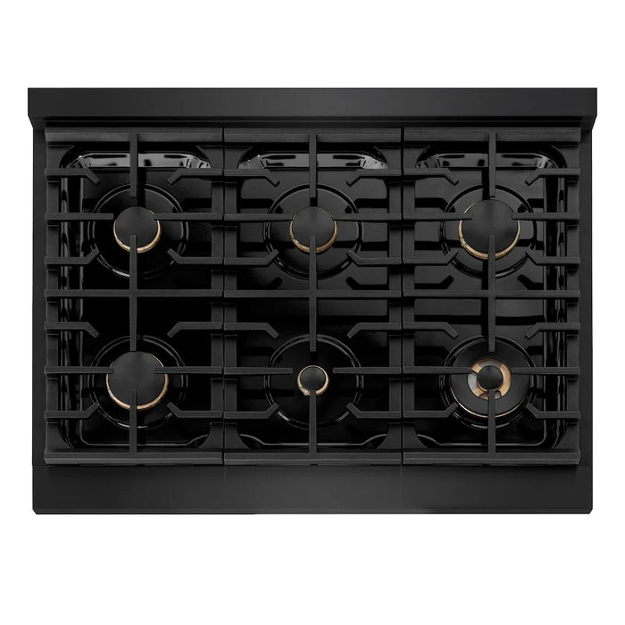 ZLINE Autograph Edition 36" Paramount Dual Fuel Range, 6 Burner Gas Cooktop, Electric Convection Oven, Black Stainless Steel, Helix Handle and Knob SDRBZ-36-KCB
