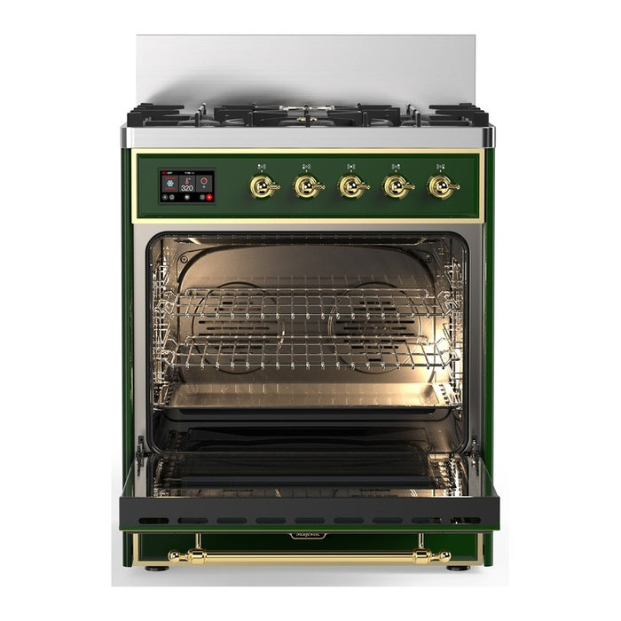 ILVE Majestic III 30" Dual Fuel Range Emerald Green Brass Trim UM30NR3EGG