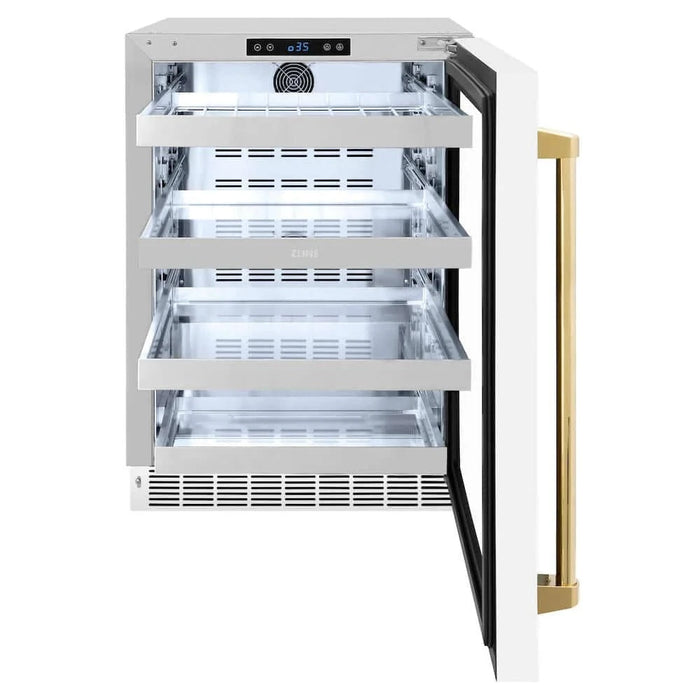ZLINE 24" Touchstone 151 Can Beverage Fridge White Matte Glass Door Polished Gold Handle RBSOZ-WM-24-G