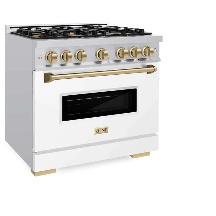 ZLINE 36" Classic Gas Range, Convection Gas Oven Stainless Steel, White Matte Door Champagne Bronze CGRZ-WM-36-CB