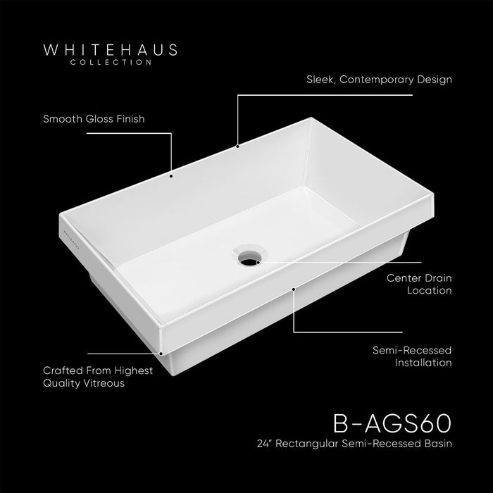 Whitehaus 24" Rectangular Semi-Recessed Basin, Center Drain Location B-AGS60