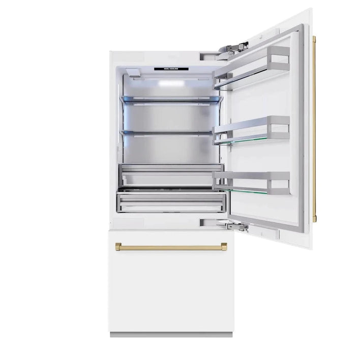 ZLINE 36" Built-In Bottom Freezer Refrigerator,Water Dispenser, Ice Maker, White Matte Champagne Bronze RBITZ-WM-36-CB