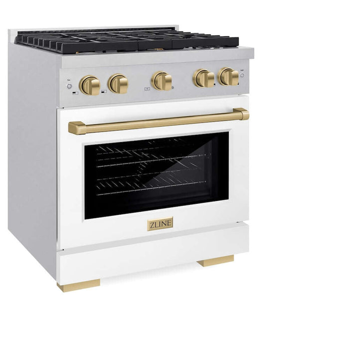 ZLINE 30"Gas Range, Convection Gas Oven, DuraSnow® White Matte, Champagne Bronze SGRSZ-WM-30-CB