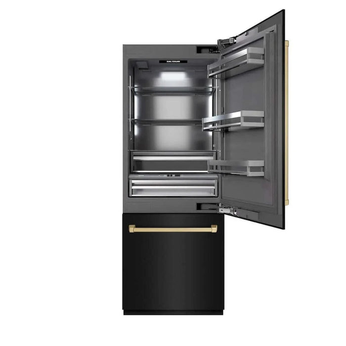 ZLINE 30" Built-In Bottom Freezer Refrigerator with Water Dispenser, Ice Maker, Black Stainless Steel, Graphite Gray Interior, Champagne Bronze GRBIVZ-BS-30-CB