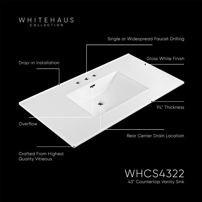 Whitehaus 43" Countertop Vanity Sink, Rect Bowl Widespread Faucet, Overflow WHCS4322-3H