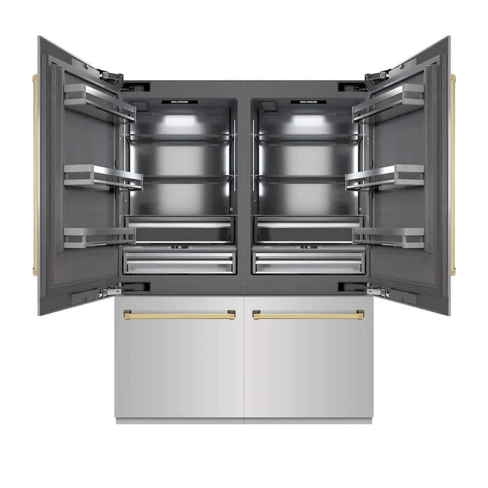 ZLINE 60" Built-In Bottom Freezer Refrigerator with Water Dispenser, Ice Maker, Stainless Steel, Graphite Gray Interior, Polished Gold GRBIVZ-304-60G