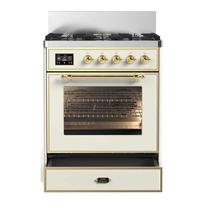 ILVE Majestic III 30" Dual Fuel, Natural Gas, Freestanding Range, Antique White, Brass Trim UM30NR3AWG