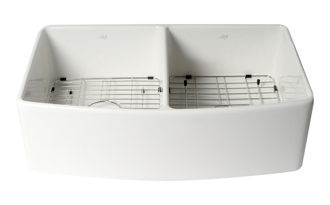 ALFI Brand White Smooth Curved Apron 33" Double Bowl Fireclay Farm Sink ABFC3320D-W