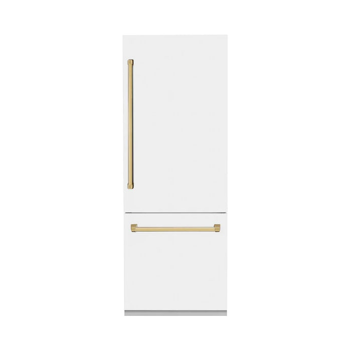 ZLINE Autograph Edition French Door Refrigerator, Internal Water, Ice Dispenser, White Matte, Champagne Bronze Accents RBIVZ-WM