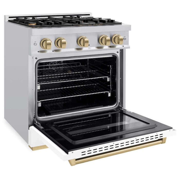 ZLINE 30" Classic Gas Range, Convection Gas Oven Stainless Steel, White Matte Door Champagne Bronze CGRZ-WM-30-CB