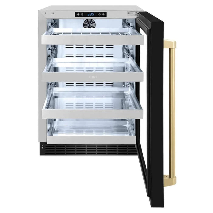 ZLINE 24" Touchstone 151 Can Beverage Fridge Black Stainless Steel Glass Door Champagne Bronze Handle RBSOZ-BS-24-CB
